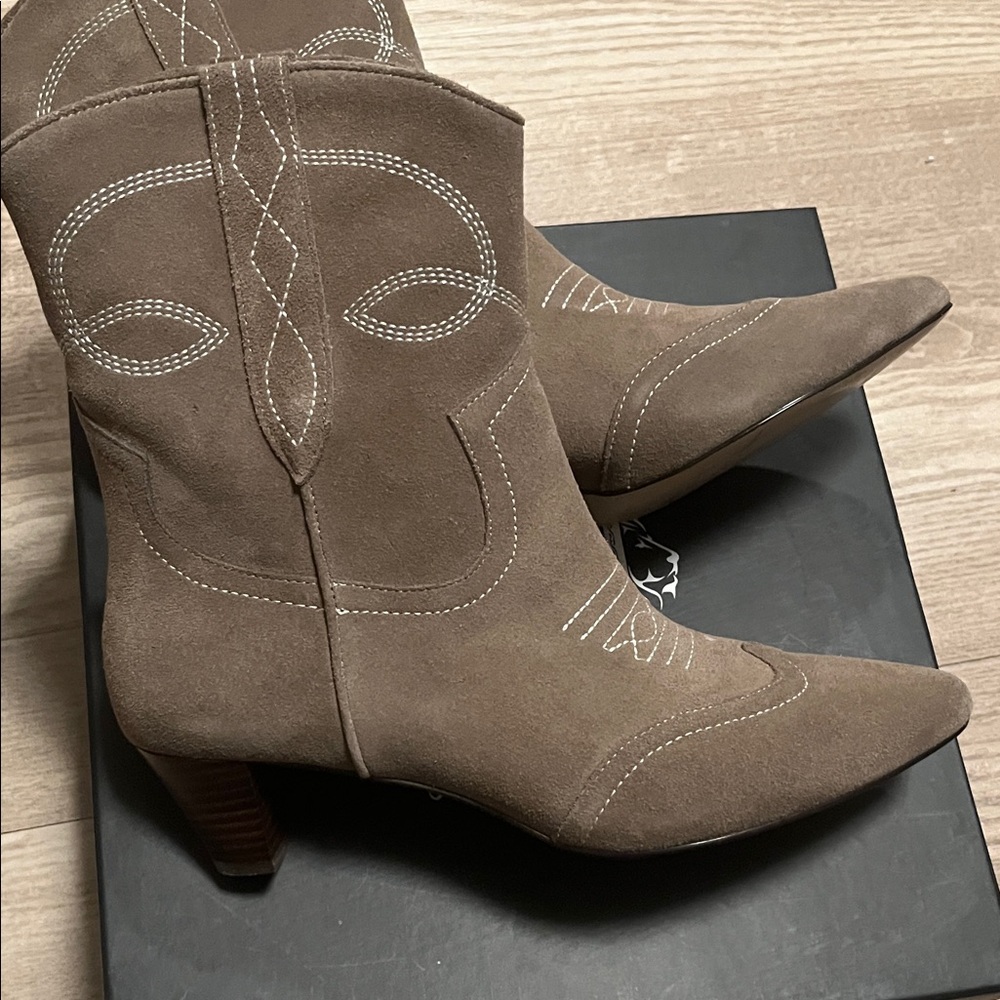 Women's Taupe Suede Western Ankle Booties - Stylish Pointed Toe